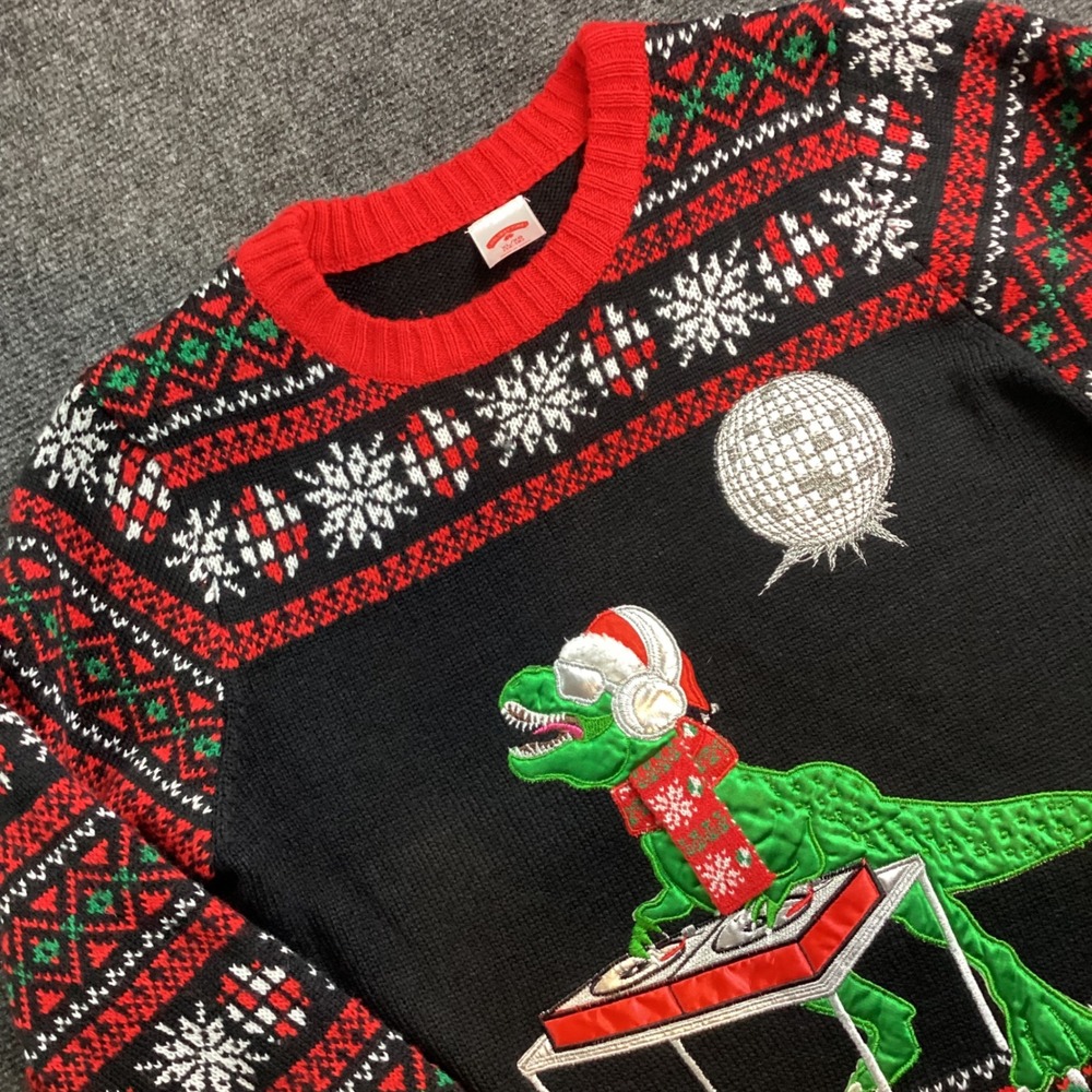 Holiday Time Boys XL 14-16 Ugly Christmas Sweater DJ T-Rex Dinosaur Disco 198